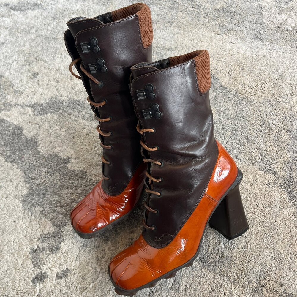 (SOLD) Miu Miu FW 1999 brown and orange patent leather heels high boots